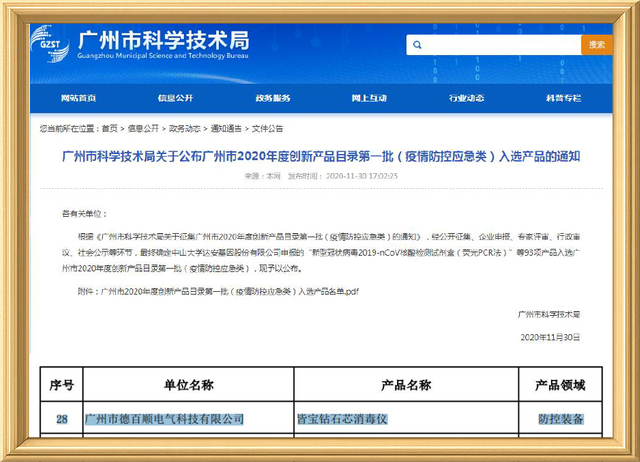 Diamond sterilizer was selected into the first batch of innovative product catalogs in Guangzhou (2020)